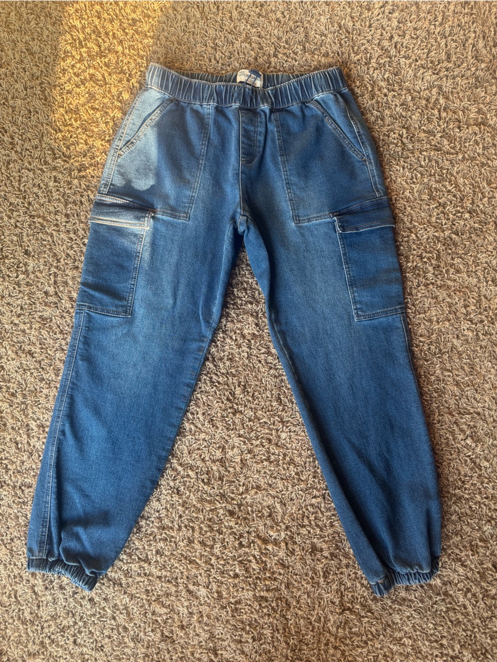 Women’s Elastic Waist Blue Cargo Denim Jogger Jeans